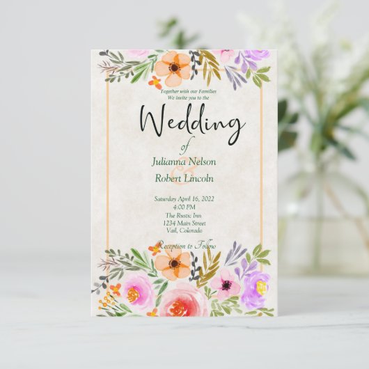 Invitation Aquarelle orange et violet mariage floral invita (Debout devant)