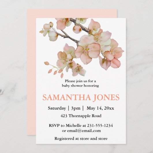 Invitation Aquarelle orangé fleurs de printemps (Devant / Derrière)