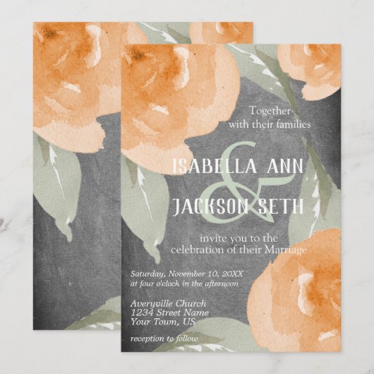 Invitation Aquarelle orange Floral et tableau noir (Devant / Derrière)