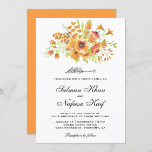 Invitation Aquarelle orange Floral Mariage musulman islamique