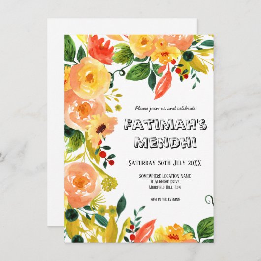 Invitation Aquarelle Orange Floral Russe Boho Mariage (Devant / Derrière)