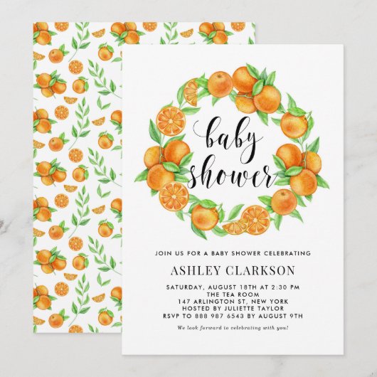 Invitation Aquarelle Orange Fruit Wreath Baby shower d'été (Devant / Derrière)
