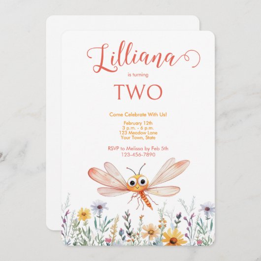Invitation Aquarelle orange mignonne dragonfly Girl'anniversa (Devant / Derrière)