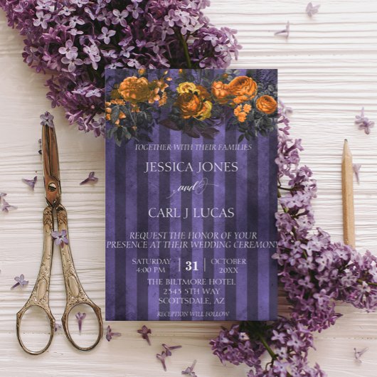 Invitation Aquarelle orange violet noir Halloween floral