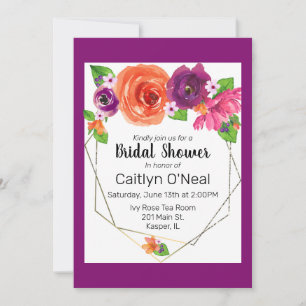 Invitation Aquarelle Orange violet rose Floral Or Frame