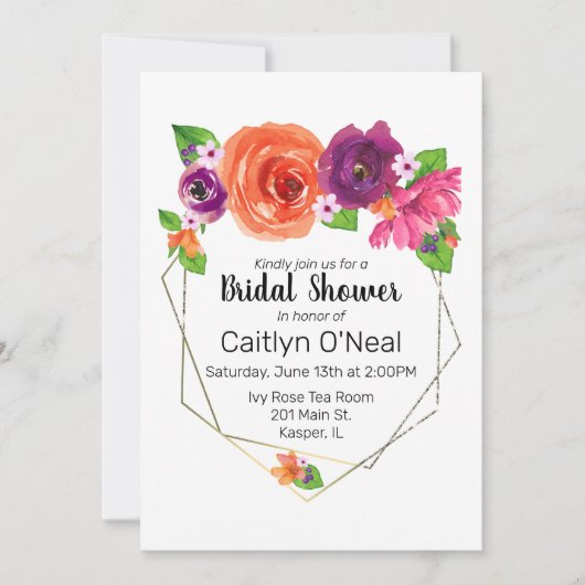 Invitation Aquarelle orange violet rose Floral Or Frame (Devant)