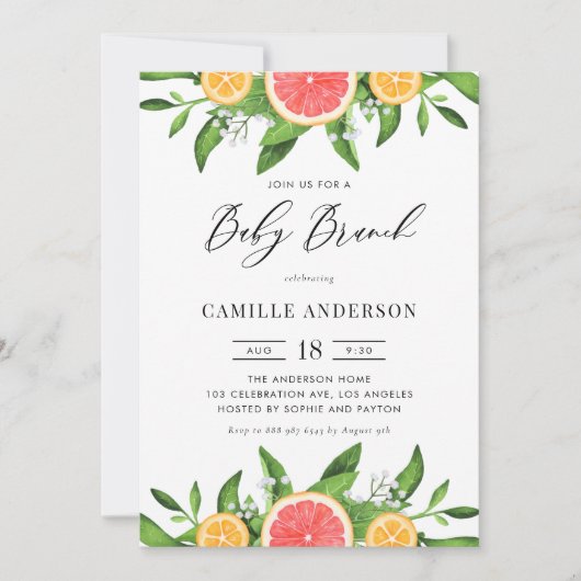 Invitation Aquarelle Oranges et pamplemousse Brunch pour bébé (Devant)