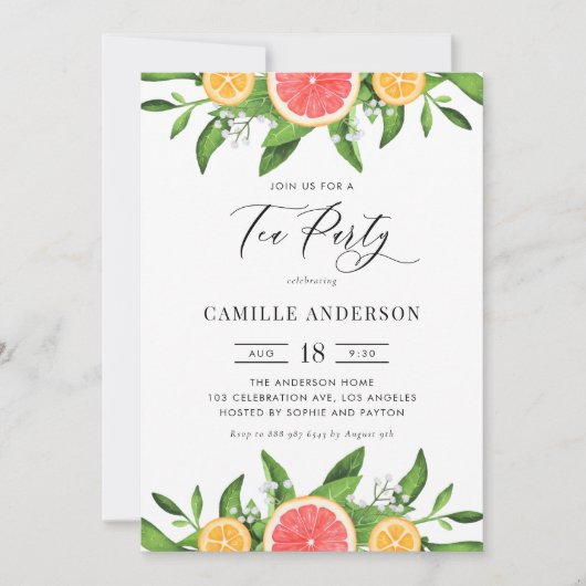 Invitation Aquarelle Oranges et Pamplemousse Tea Party (Devant)