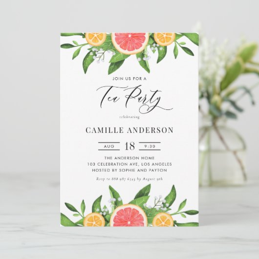 Invitation Aquarelle Oranges et Pamplemousse Tea Party (Debout devant)