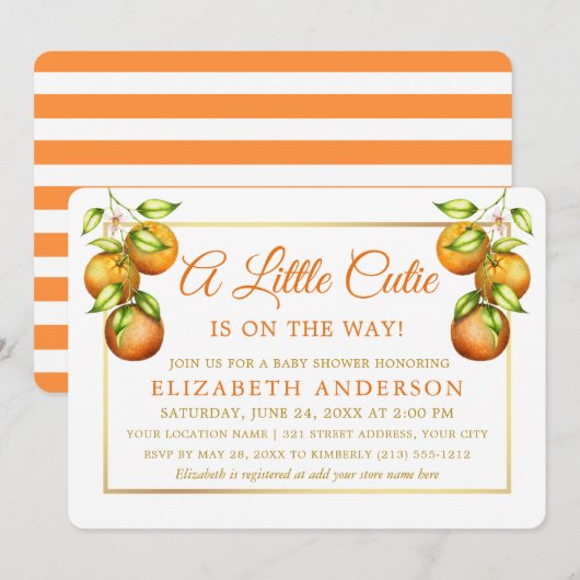 Invitation Aquarelle Oranges Little Cutie Gold Douche (Devant / Derrière)