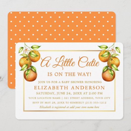 Invitation Aquarelle Oranges Petite Cutie Dots de douche Or (Devant / Derrière)