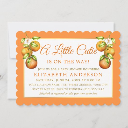 Invitation Aquarelle Oranges Un petit Baby shower Cutie Or (Devant)