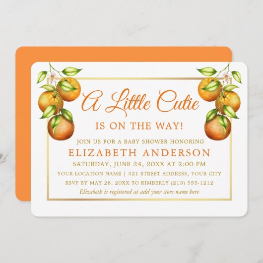 Invitation Aquarelle Oranges Un petit Baby shower en or Cutie (Devant / Derrière)