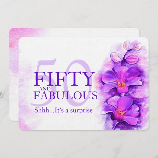Invitation Aquarelle orchidée mauve pourpre cinquante et fabu (Devant / Derrière)