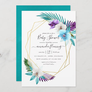 Invitation Aquarelle Orchidées tropicales Baby shower géométr