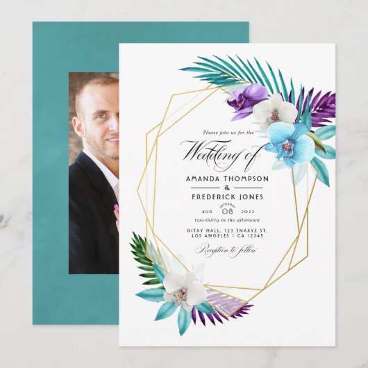 Invitation Aquarelle Orchidées tropicales Mariage géométrique (Devant / Derrière)
