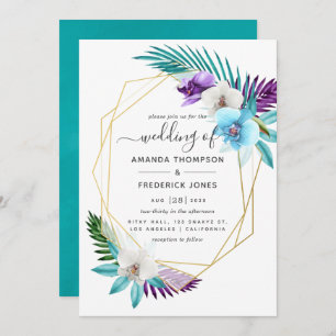 Invitation Aquarelle Orchidées tropicales Mariage géométrique