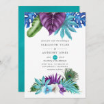 Invitation Aquarelle Orchidées tropicales Mariage Peacock<br><div class="desc">Faire-part de mariage coloré d'aquarelle tropicale feuilles et orchidées avec plumes de paon et bleu turquoise à l'envers.</div>