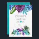 Invitation Aquarelle Orchidées tropicales Mariage Peacock<br><div class="desc">Faire-part de mariage coloré d'aquarelle tropicale feuilles et orchidées avec plumes de paon et bleu turquoise à l'envers.</div>