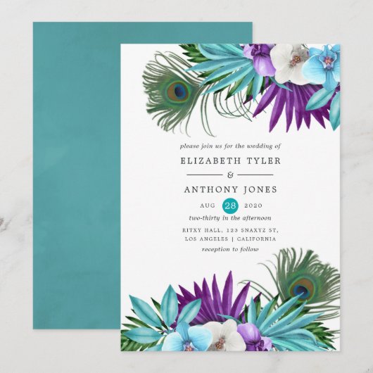 Invitation Aquarelle Orchidées tropicales Mariage Peacock (Devant / Derrière)