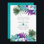Invitation Aquarelle Orchidées tropicales Mariage Peacock<br><div class="desc">Aquarelle colorée feuilles tropicaux et orchidées faire-part de mariage avec plumes paons et bleu turquoise à l'envers.</div>