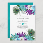 Invitation Aquarelle Orchidées tropicales Mariage Peacock<br><div class="desc">Aquarelle colorée feuilles tropicaux et orchidées faire-part de mariage avec plumes paons et bleu turquoise à l'envers.</div>