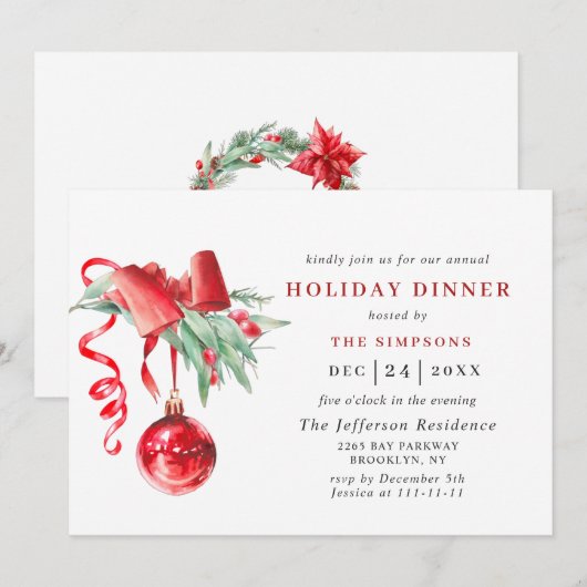 Invitation Aquarelle ornement NOËL DÎNER DE VACANCES (Devant / Derrière)