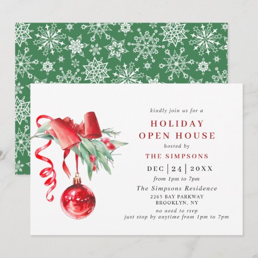 Invitation Aquarelle ornement NOËL VACANCES OUVERTE MAISON (Devant / Derrière)