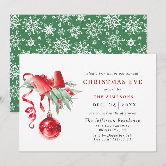 Invitation Aquarelle Ornement Vacances NOËL EVE (Devant / Derrière)