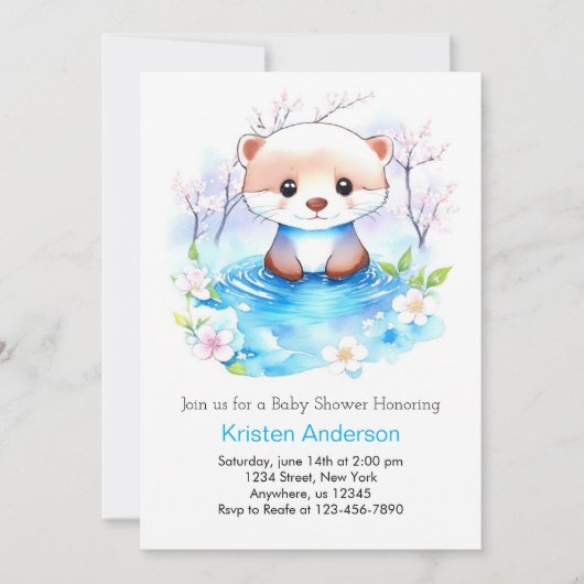Invitation Aquarelle Otter Blue Floral Boy Baby shower (Devant)