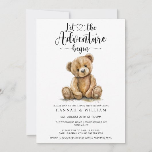 Invitation Aquarelle Ours Aventure commence Baby shower (Devant)