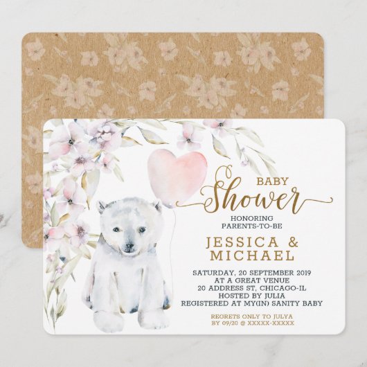 Invitation Aquarelle Ours polaire Baby shower neutre pour le  (Devant / Derrière)