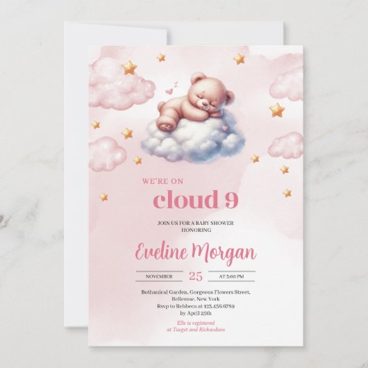 Invitation Aquarelle ourson nuage de neuf filles baby shower (Devant)