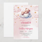 Invitation Aquarelle ourson nuage de neuf filles baby shower (Devant / Derrière)