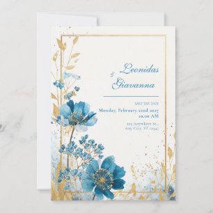 Invitation Aquarelle Pailletée Turquoise Azur Bleu Or