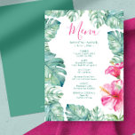 Invitation Aquarelle Palm Feuille Pink Hibiscus Tropus Menu<br><div class="desc">Cette carte menu feuille de table en hibiscus rose et en palmier de monstère est parfaite pour des fêtes tropicales à thème d'anniversaire et de remise des diplômes. Le design présente mes aquarelles d'origine, mes verts botaniques et mes oeuvres d'art florales. La typographie est mise en écriture manuscrite et sans...</div>