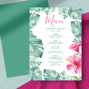 Invitation Aquarelle Palm Feuille Pink Hibiscus Tropus Menu