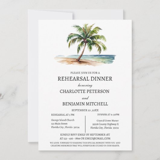 Invitation Aquarelle Palm Tree Beach Dîner de répétition (Devant)