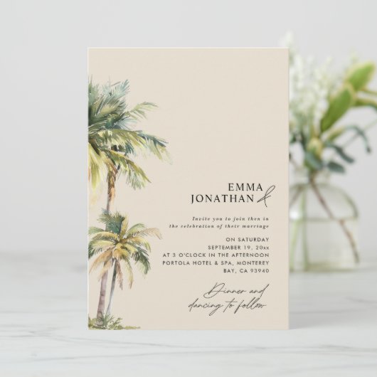 Invitation Aquarelle Palmier Destination mariage côtier (Debout devant)