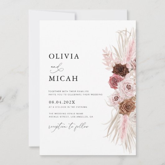 Invitation aquarelle pampas duvet rose mariage (Devant)