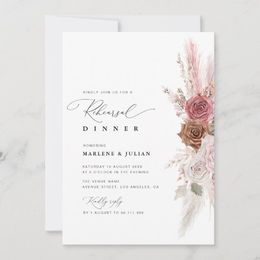 Invitation aquarelle pampas duvet rose mariage  (Devant)