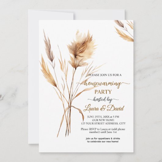 Invitation Aquarelle Pampas Fête de chauffage domestique en l (Devant)