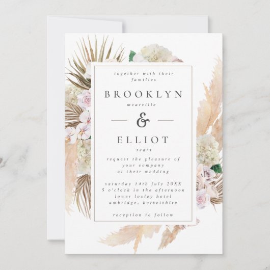 Invitation Aquarelle Pampas Grass & Fleurs Boho Mariage (Devant)