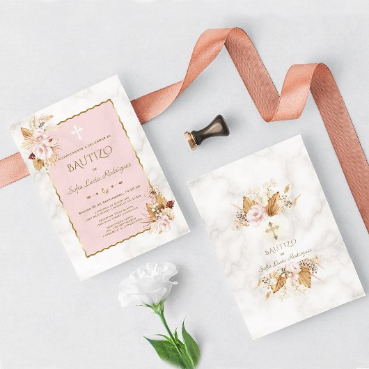Invitation Aquarelle Pampas Grass rose Fleurs Or Bautizo