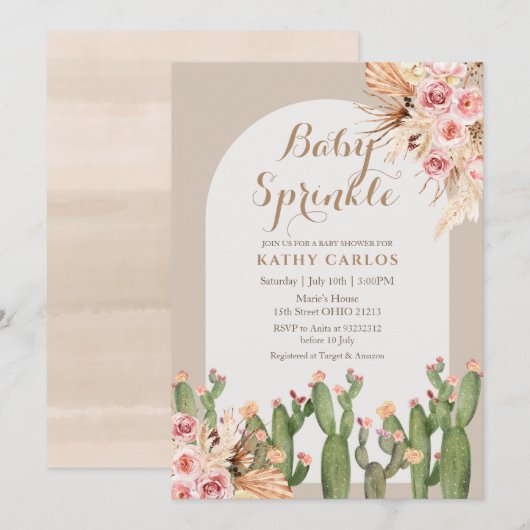 Invitation Aquarelle pampas herbe et Cactus Baby Sprinkl (Devant / Derrière)