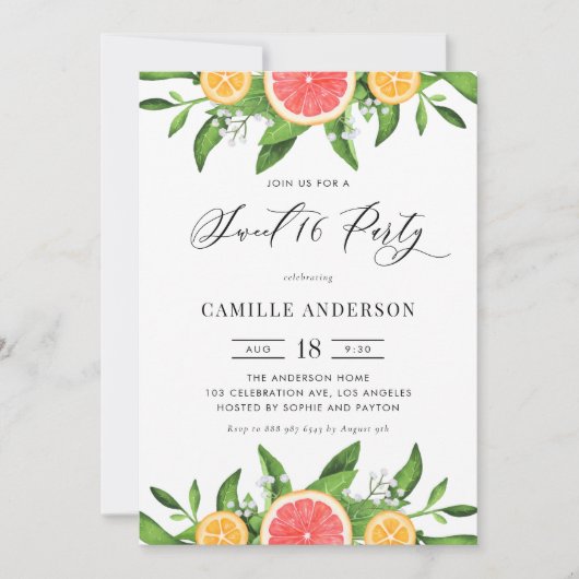 Invitation Aquarelle Pamplemousse et Oranges Doux 16 Partie (Devant)