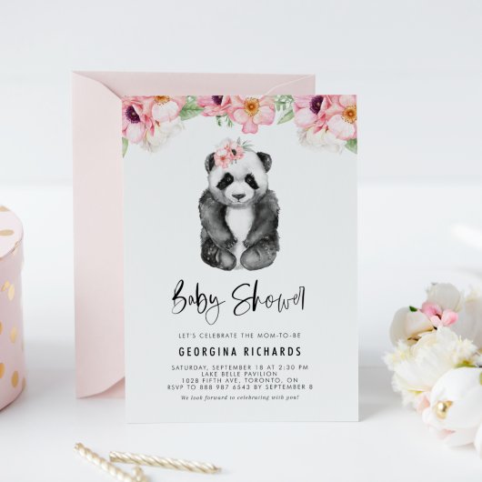 Invitation Aquarelle Panda rose Anémones Baby shower fille