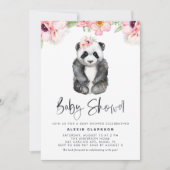 Invitation Aquarelle Panda rose Anémones Baby shower fille (Devant)