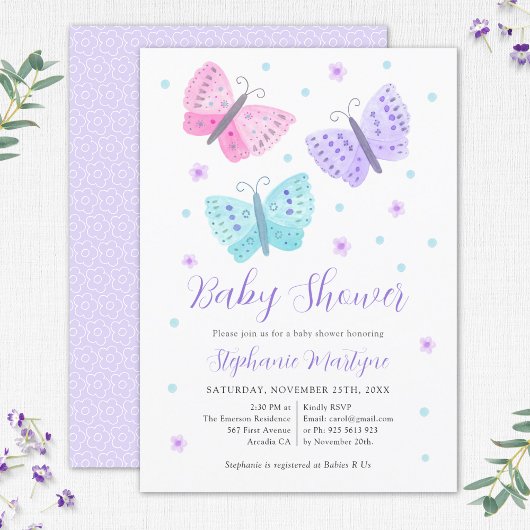 Invitation Aquarelle papillon Baby shower Aqua violet