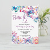 Invitation Aquarelle Papillon Bébé fille 1er anniversaire (Debout devant)